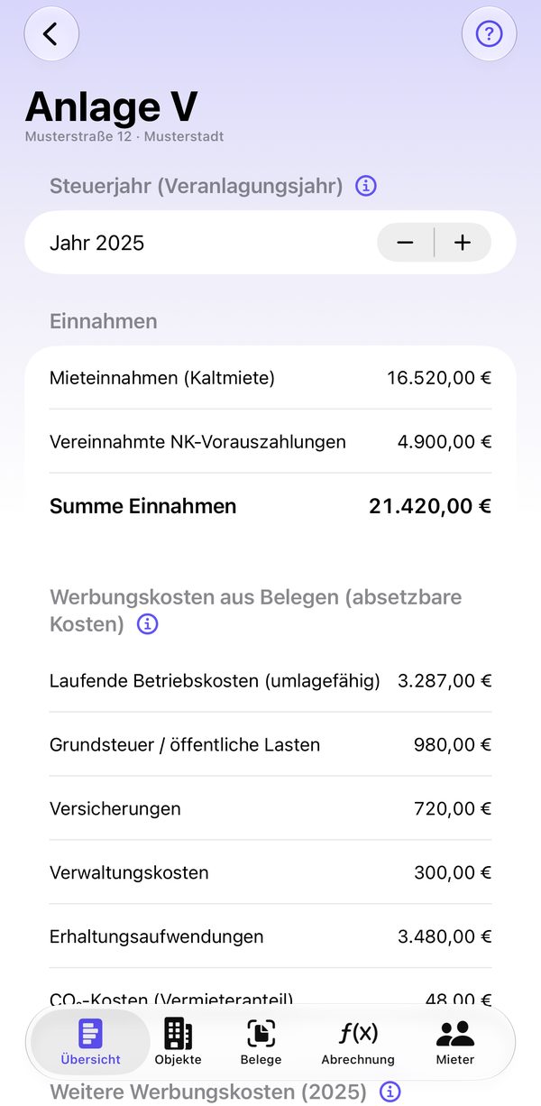 Anlage V für das Steuerjahr 2025 mit Einnahmen und Werbungskosten aus Belegen