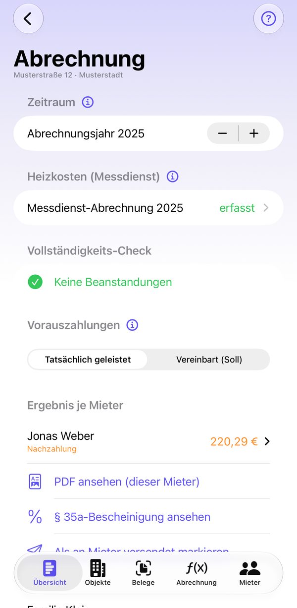 Nebenkostenabrechnung 2025 mit Messdienst-Abrechnung, Vollständigkeits-Check und Nachzahlung je Mieter