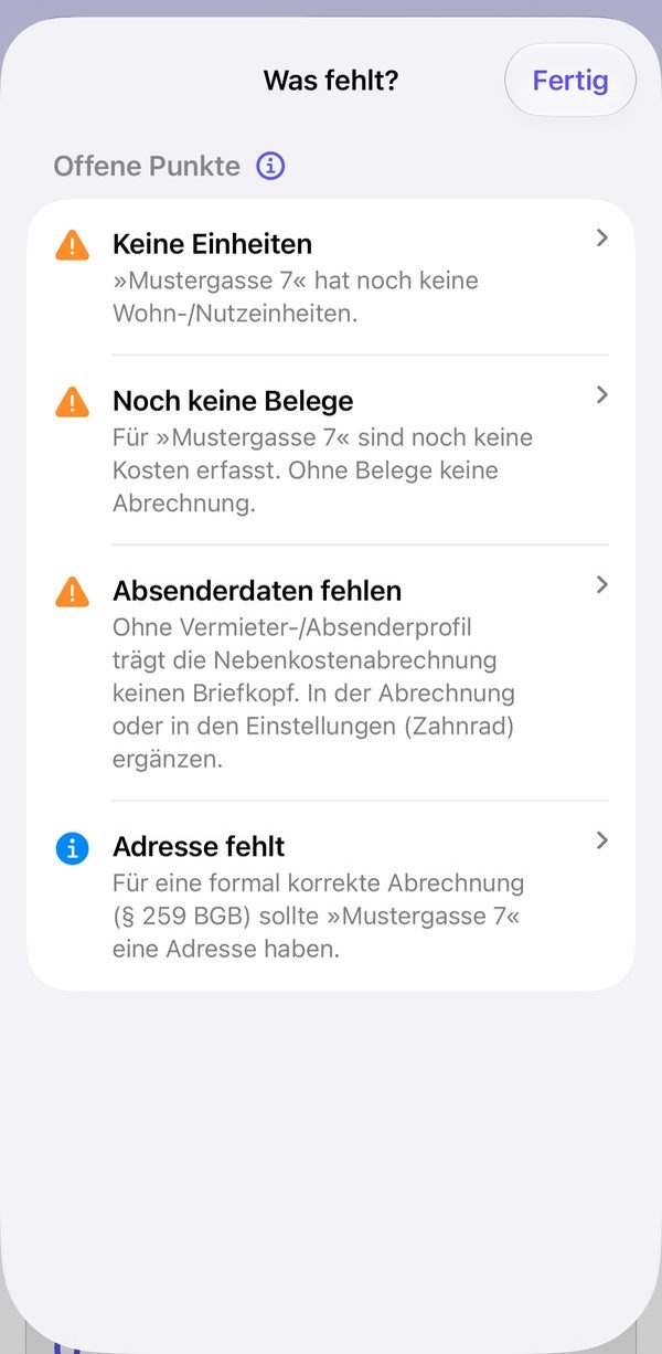 Die Liste »Was fehlt?« mit offenen Punkten wie fehlenden Belegen und fehlenden Absenderdaten