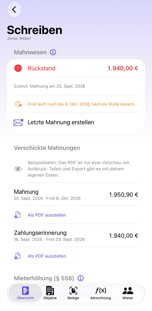 Mahnwesen mit Rückstand, laufender Frist und verschickten Mahnungen als PDF