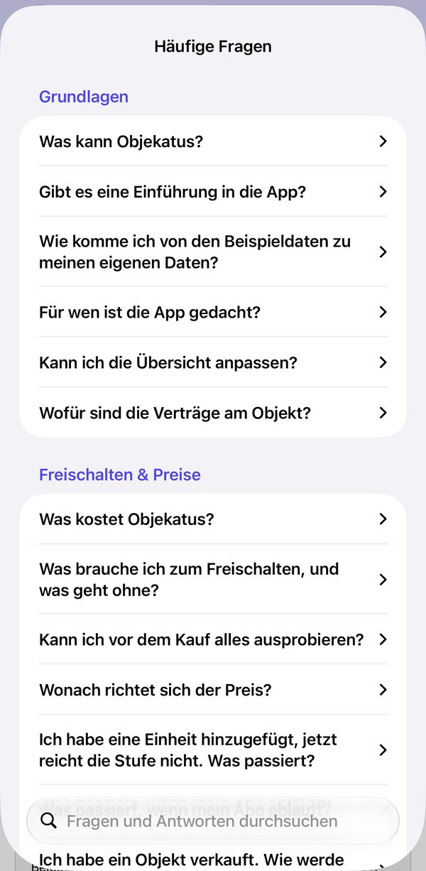 Häufige Fragen, nach Themen gegliedert, mit Suchfeld