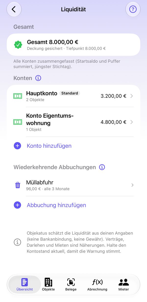 Liquidität mit Konten, Deckung und wiederkehrenden Abbuchungen