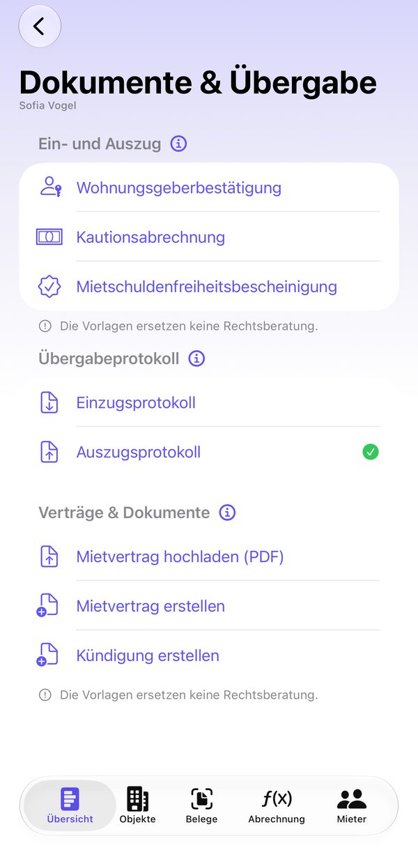 Dokumente und Übergabe mit Wohnungsgeberbestätigung, Kautionsabrechnung, Mietschuldenfreiheitsbescheinigung und Übergabeprotokollen