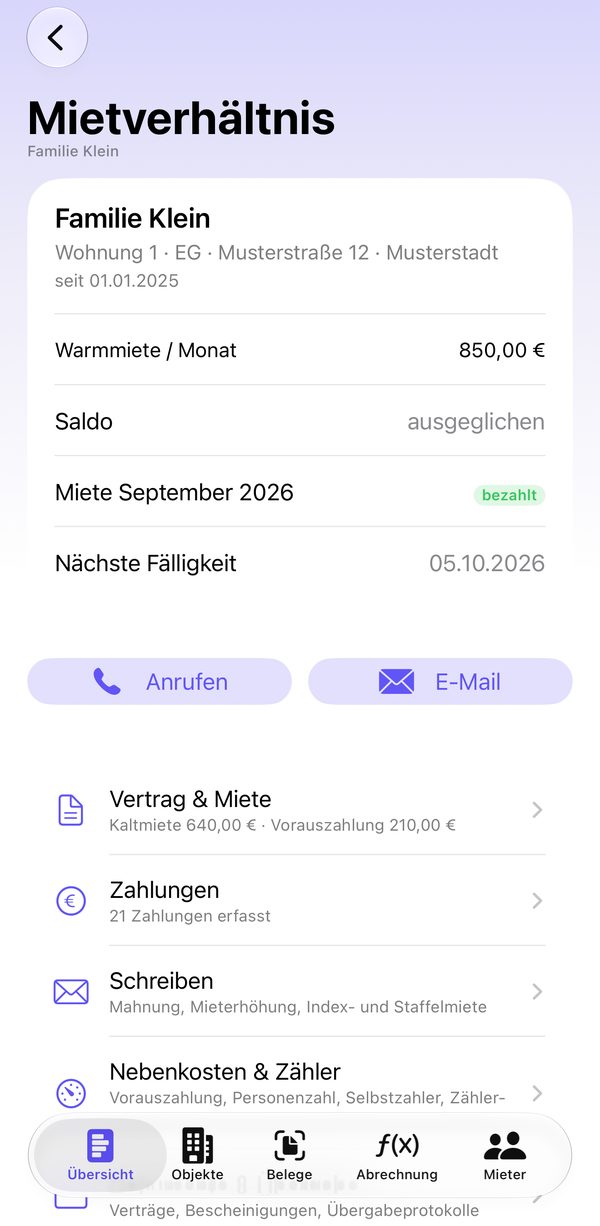 Mietverhältnis mit Warmmiete, Saldo, Stand des Monats, nächster Fälligkeit und fünf Seiten