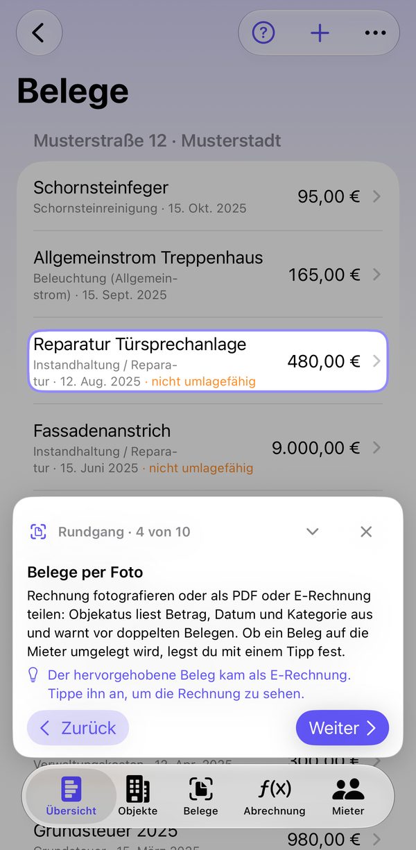 Rundgang in der App: eine Karte zeigt, wie Belege per Foto erfasst werden